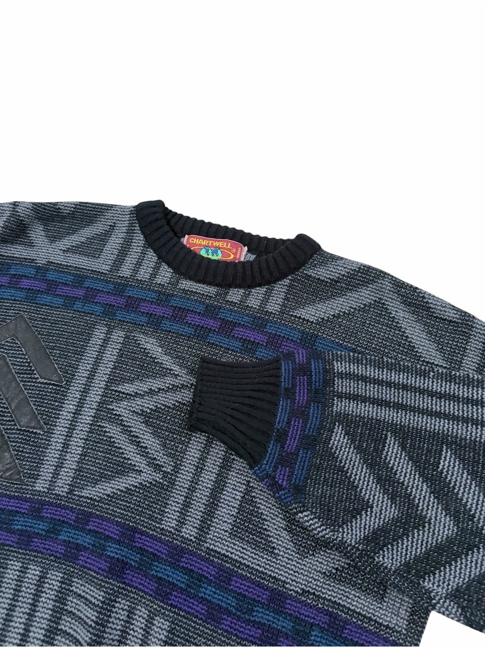 VTG Chartwell Grandpa Sweater Mens Large Acrylic 90s Geometric Style Gray Purple
